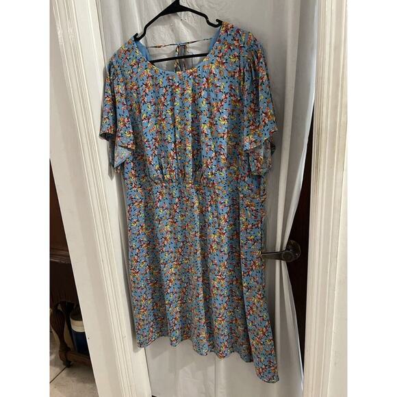 Loft Plus Blue Floral Midi Dress Tie Back Flutter Sleeve Sz 16 Cottagecore - Picture 1 of 9